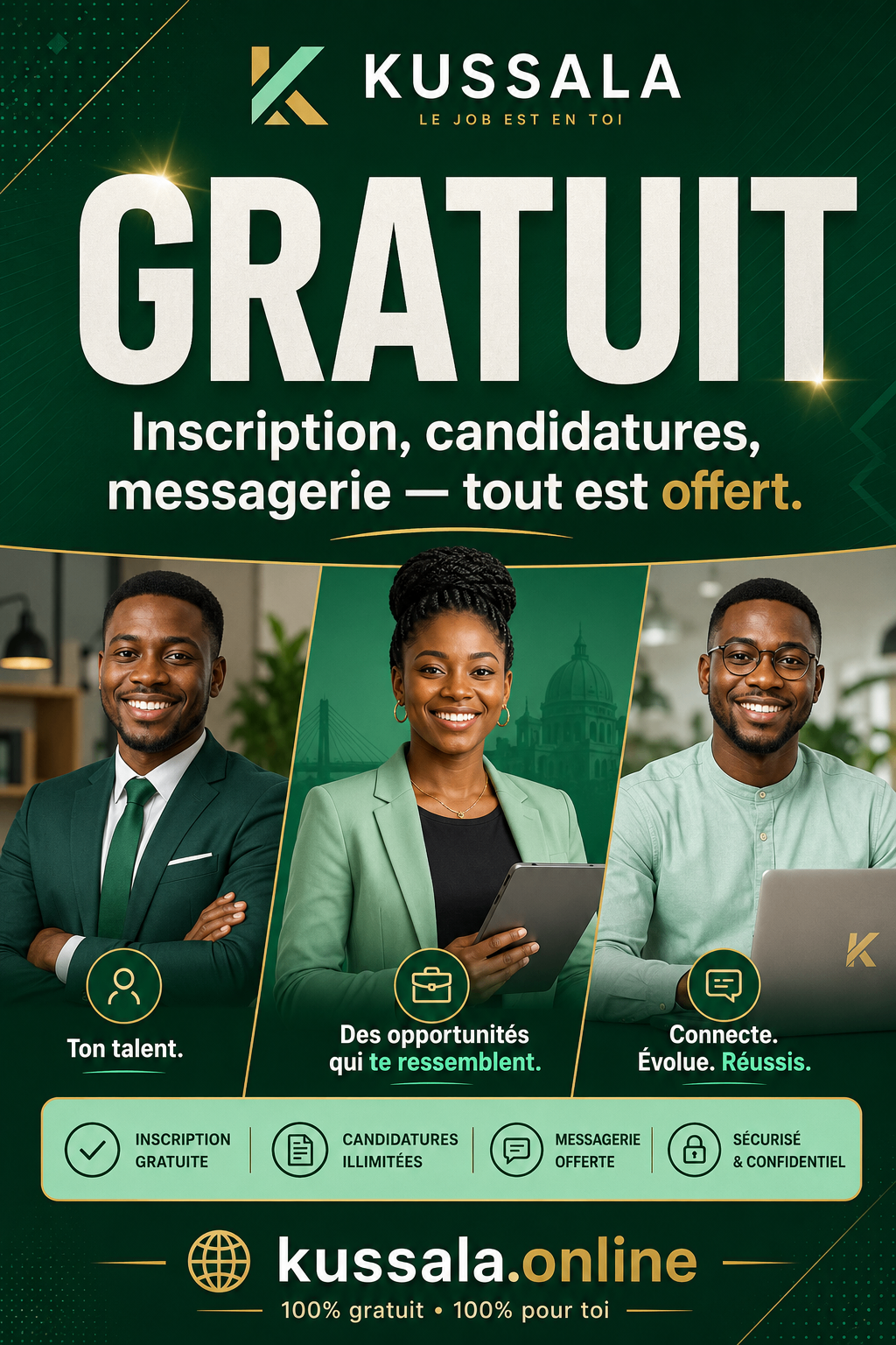 Kussala — Inscription, candidatures, messagerie — tout est offert