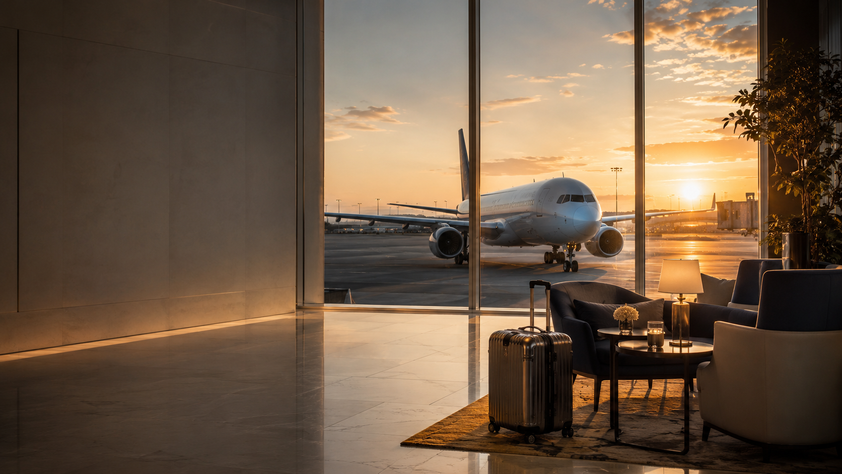 Salon d'aéroport premium avec avion au coucher du soleil — Agence Pélican
