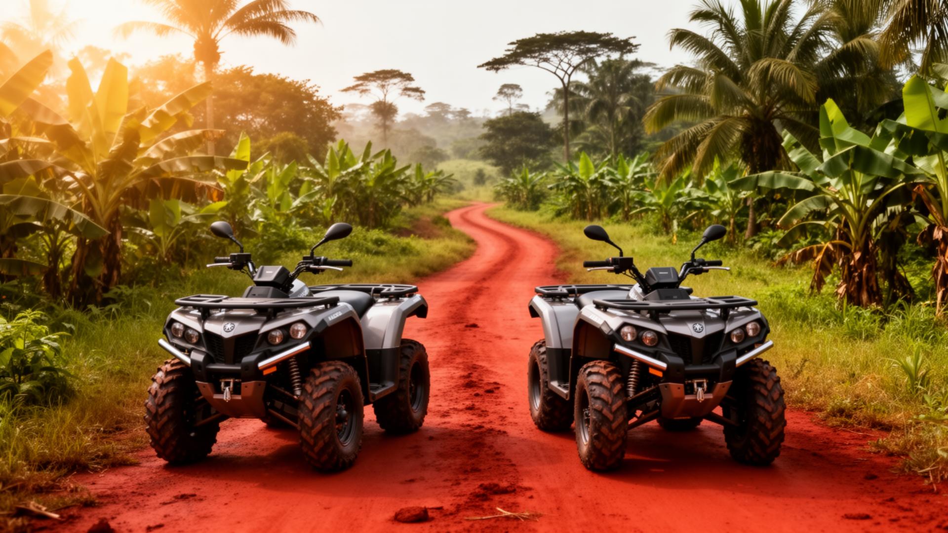 Quads sur une piste rouge tropicale près de Bangui