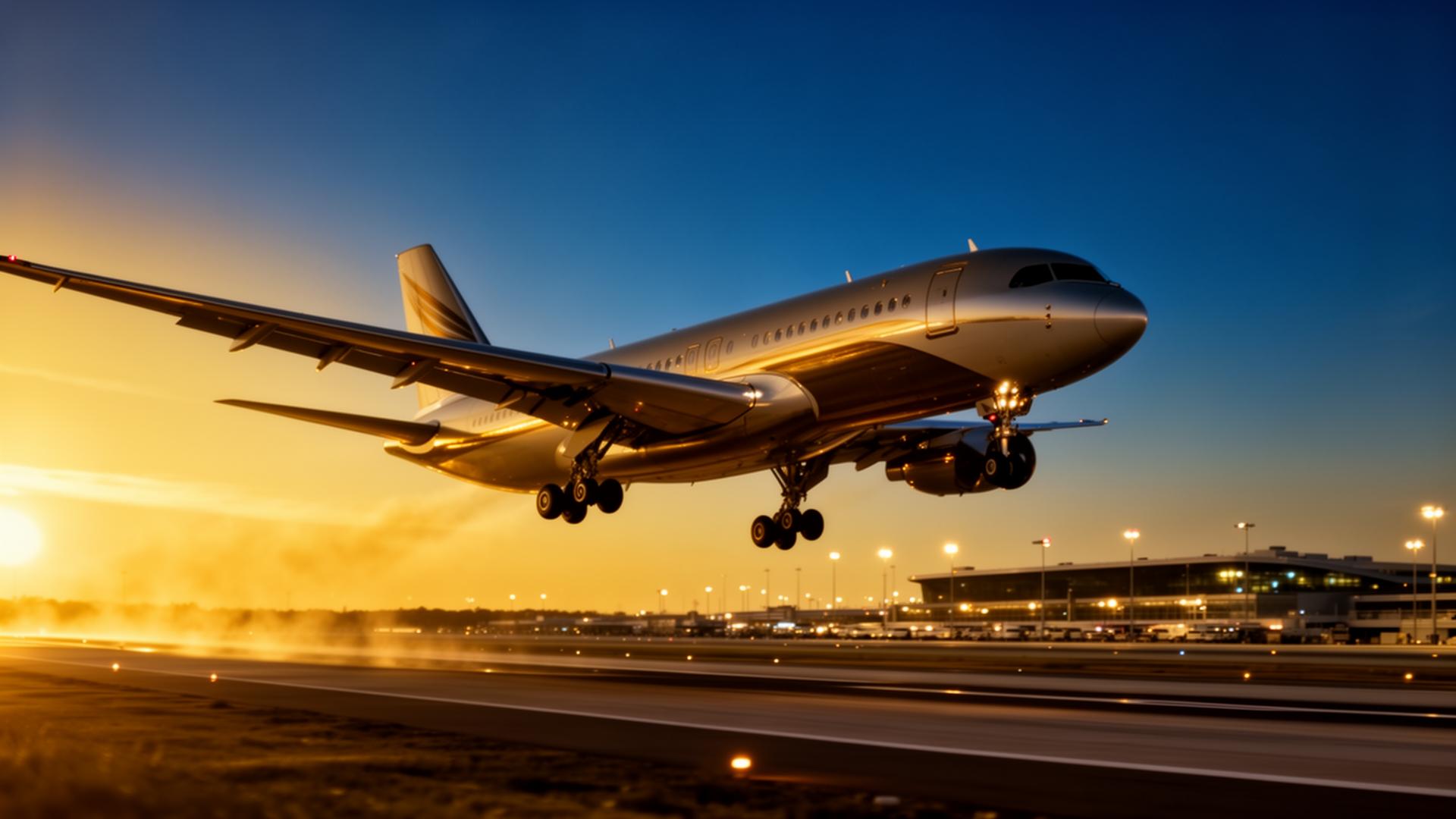Avion premium au décollage au coucher du soleil — Agence Pélican Voyages